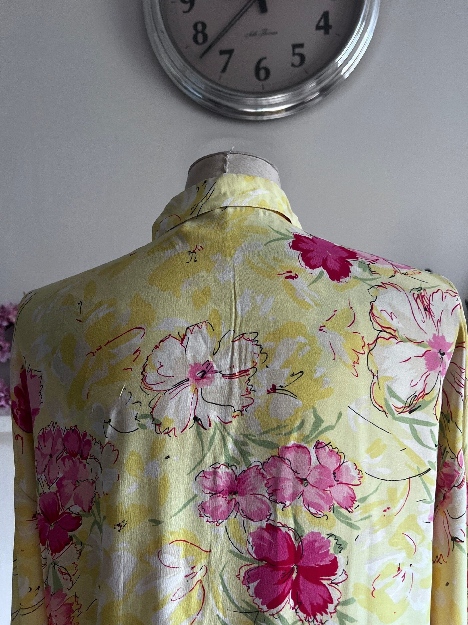 Vintage yellow floral Blouse - long sleeves button front high neck Semi Sheer Shirt - UKM