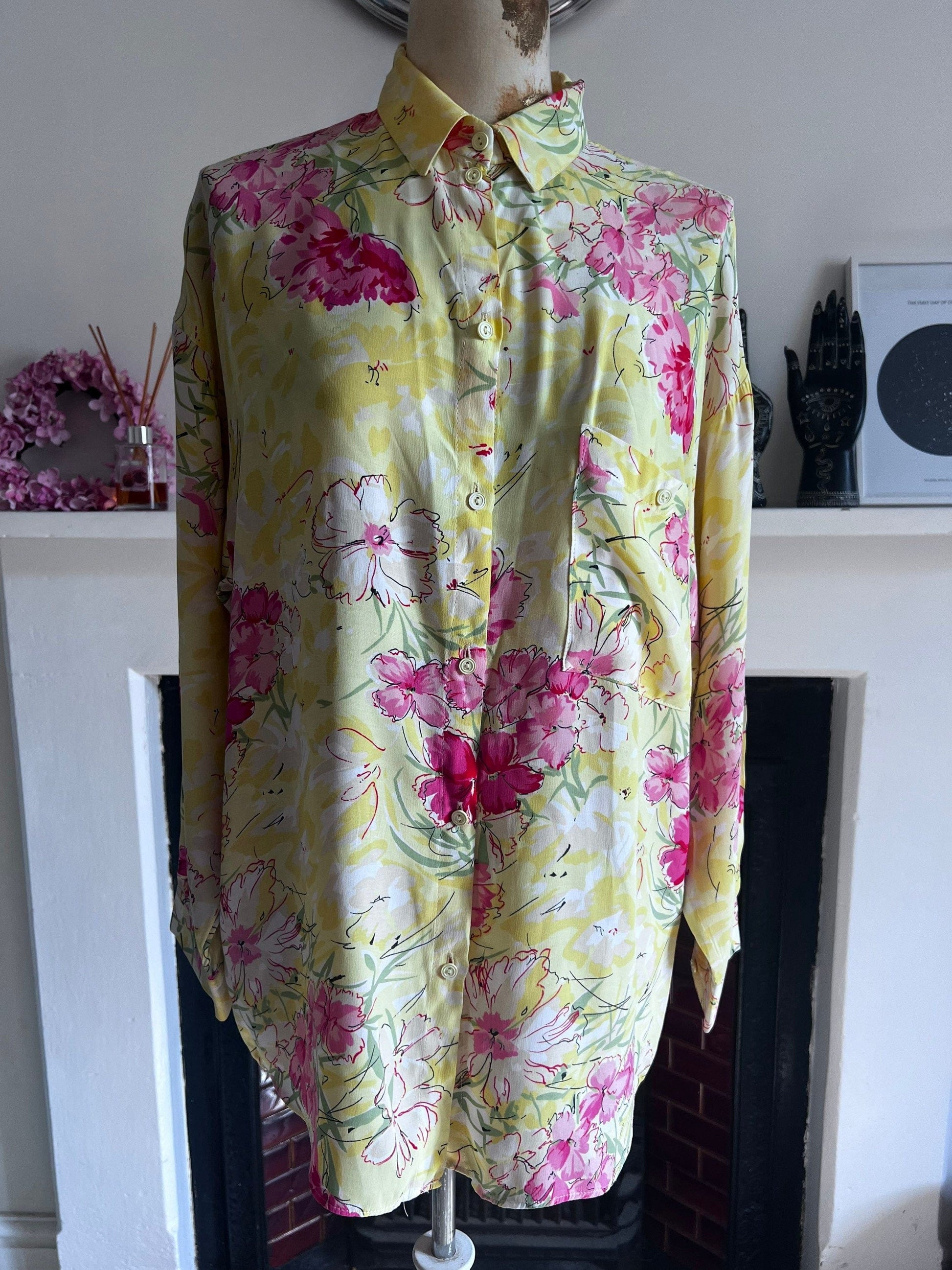 Vintage yellow floral Blouse - long sleeves button front high neck Semi Sheer Shirt - UKM