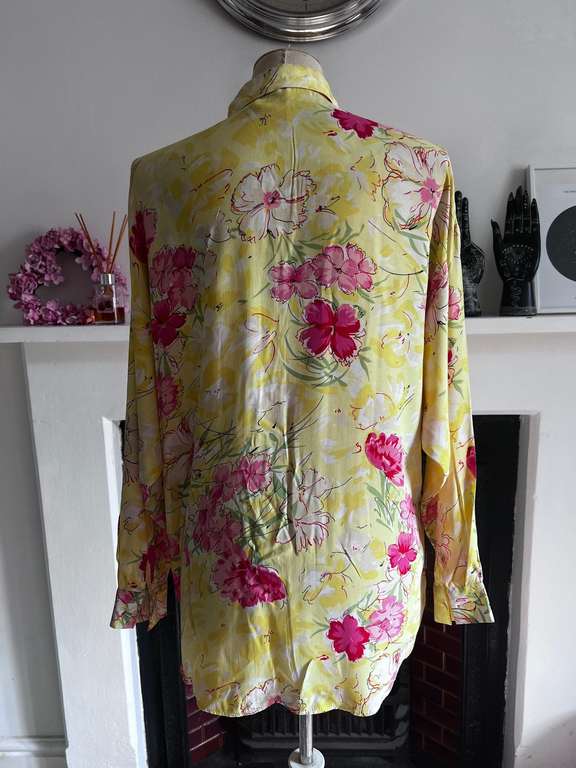 Vintage yellow floral Blouse - long sleeves button front high neck Semi Sheer Shirt - UKM