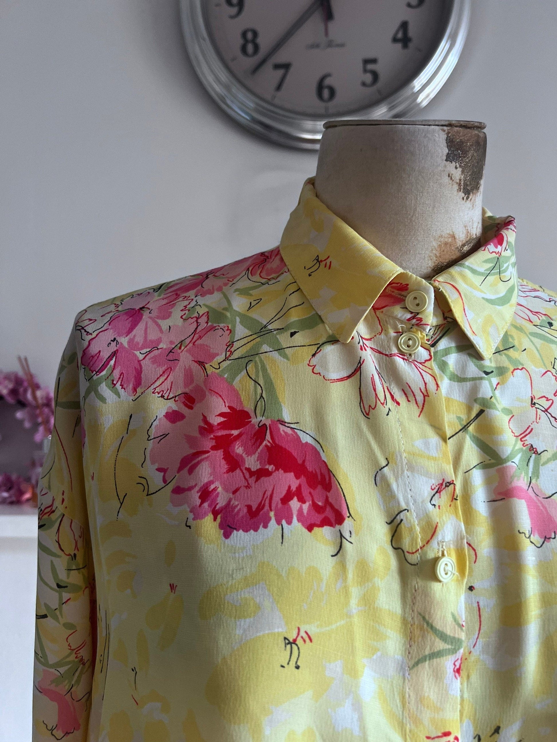 Vintage yellow floral Blouse - long sleeves button front high neck Semi Sheer Shirt - UKM