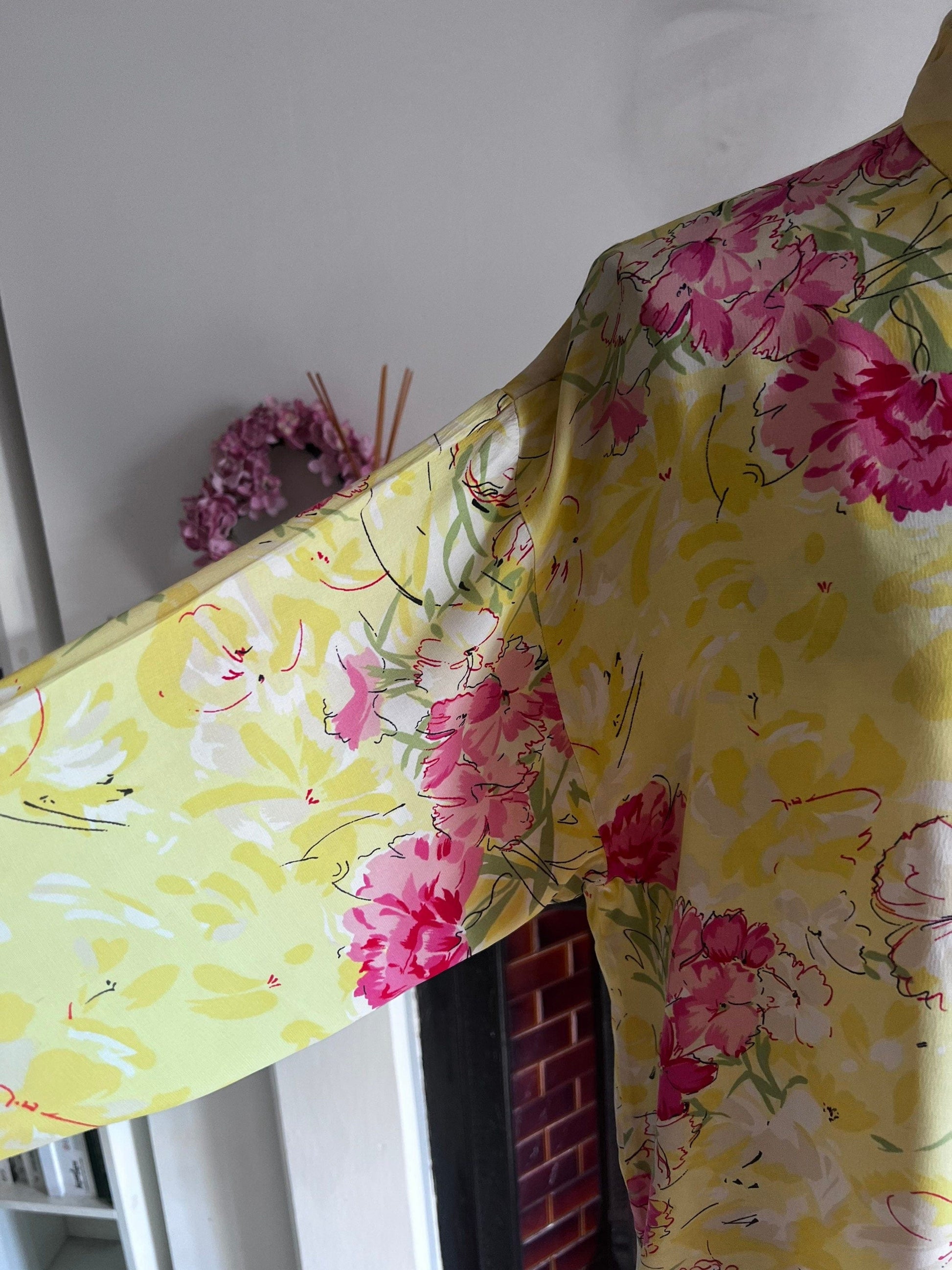 Vintage yellow floral Blouse - long sleeves button front high neck Semi Sheer Shirt - UKM