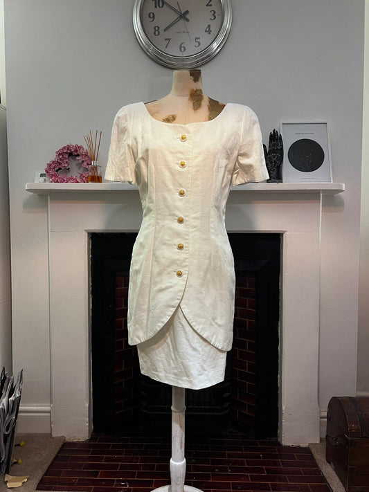 White Suit Brocade Vintage Suit 1980s Skirt Suit - Skirt and longline blazer Size 10 Cotton