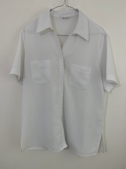 White Vintage Blouse Semi Sheer Button Through Boxy Shirt Sleeves - Size 14