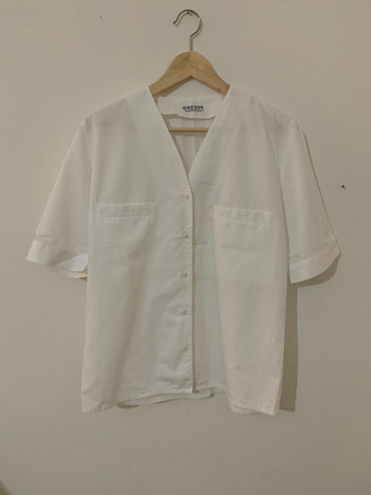 White Vintage jaeger Blouse Semi Sheer Button Through Boxy short Sleeves - Size 14