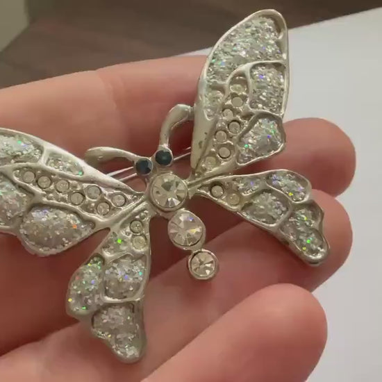 Vintage Silver Tone Butterfly Brooch – Glitter Wings & Clear Rhinestones – Sparkly Insect Costume Jewellery