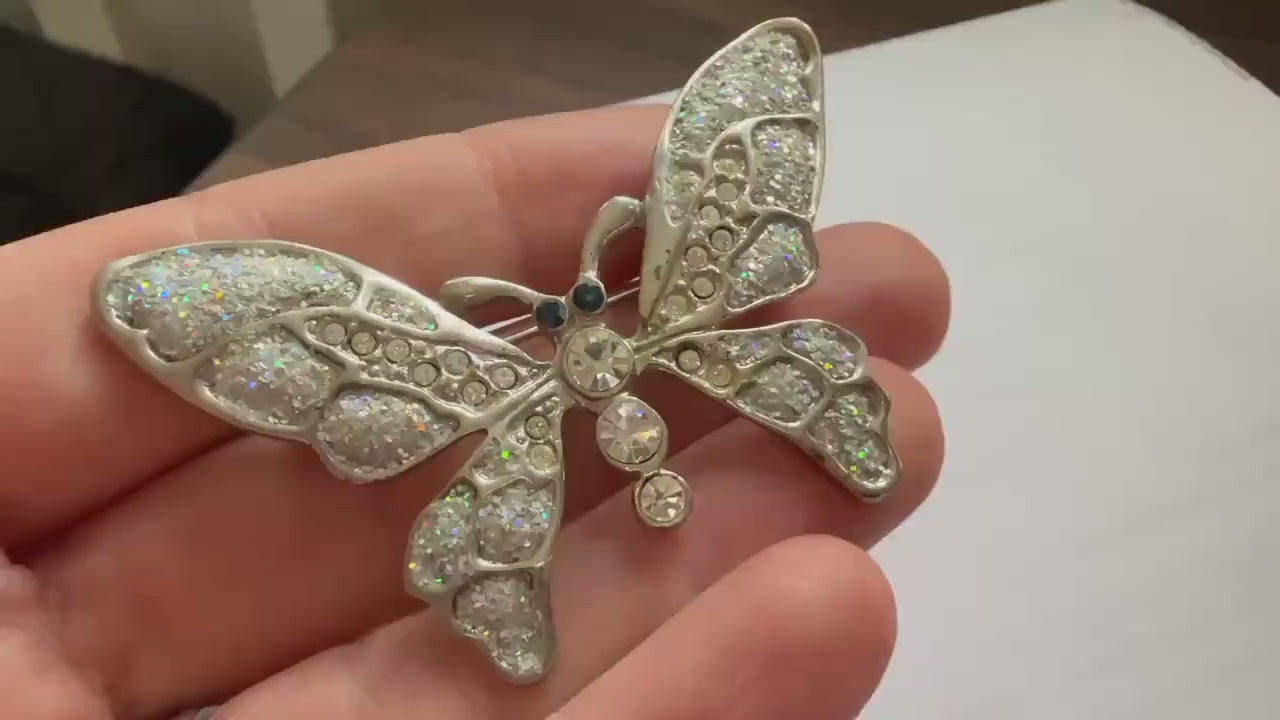 Vintage Silver Tone Butterfly Brooch – Glitter Wings & Clear Rhinestones – Sparkly Insect Costume Jewellery