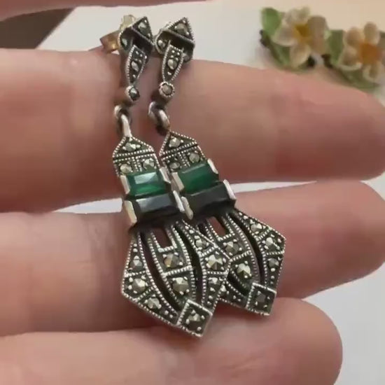 Sterling Silver Marcasite ARI 1990 Drop Earrings, Green Black Art Deco Geometric Dangle Earrings, 925