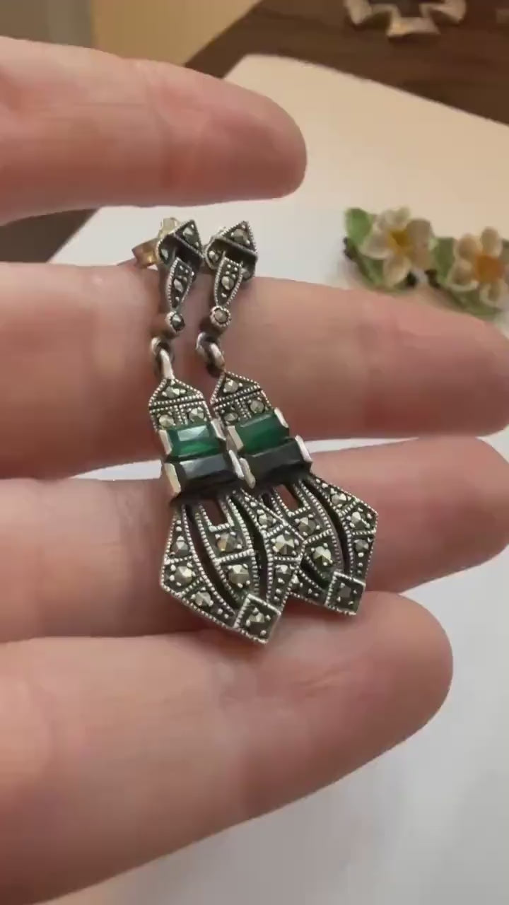 Sterling Silver Marcasite ARI 1990 Drop Earrings, Green Black Art Deco Geometric Dangle Earrings, 925