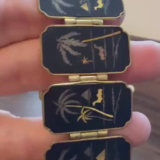 Vintage 1950s Japanese K24 Damascene Aden Souvenir Bracelet – Gold Silver Inlay Palm Trees Camels