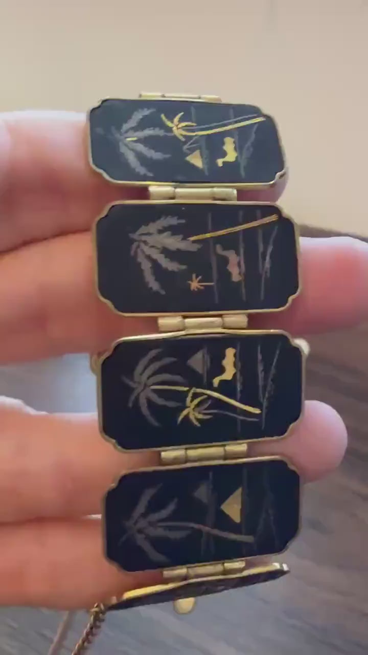 Vintage 1950s Japanese K24 Damascene Aden Souvenir Bracelet – Gold Silver Inlay Palm Trees Camels