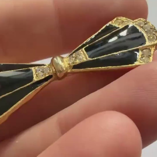 Vintage Black Enamel Bow Brooch – Gold Tone Rhinestone Art Deco Revival Geometric Costume Jewellery