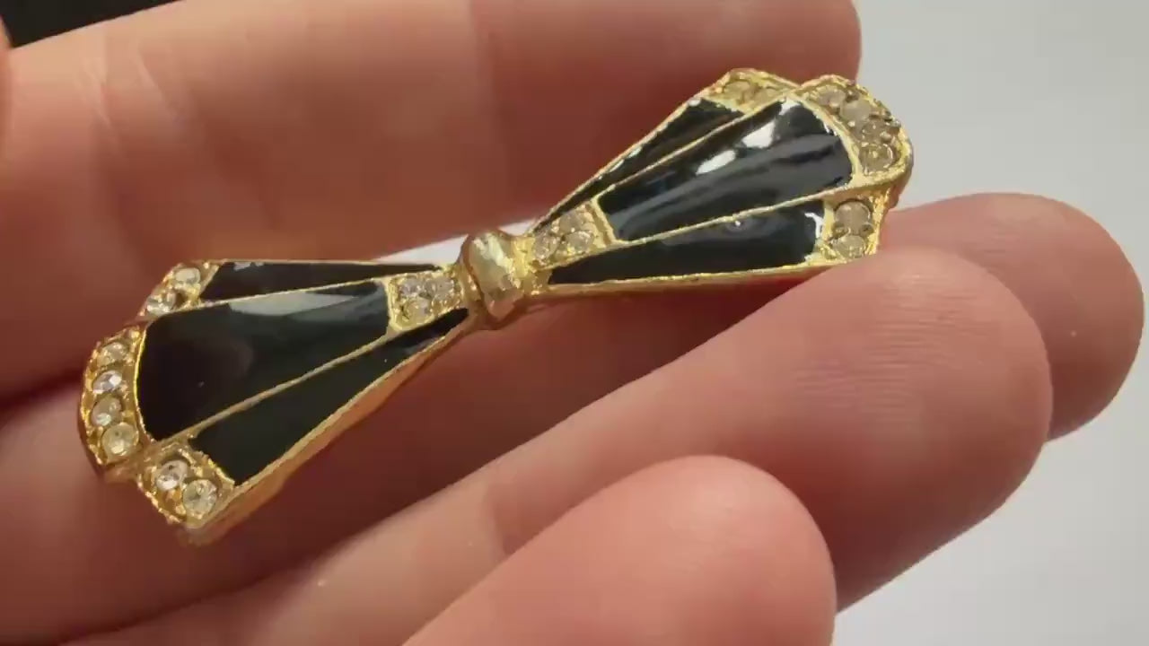 Vintage Black Enamel Bow Brooch – Gold Tone Rhinestone Art Deco Revival Geometric Costume Jewellery