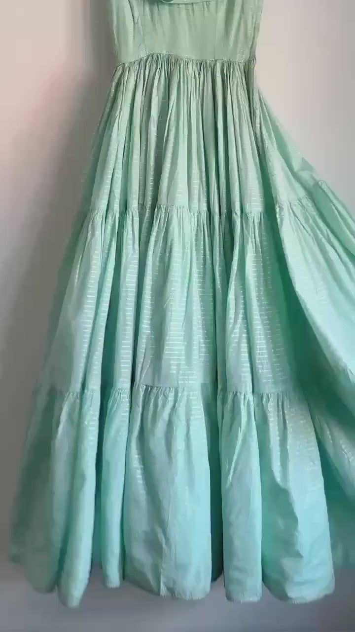 Vintage Robert Dorland for Bourne & Hollingsworth Evening Dress – Peppermint Green, Silver Stripes, Full Tiered Skirt