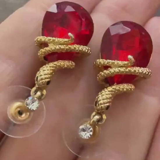 Vintage Red Rhinestone Snake Earrings, Gold Tone Serpent Drop Earrings, Statement Costume Jewellery, Pierced Earrings