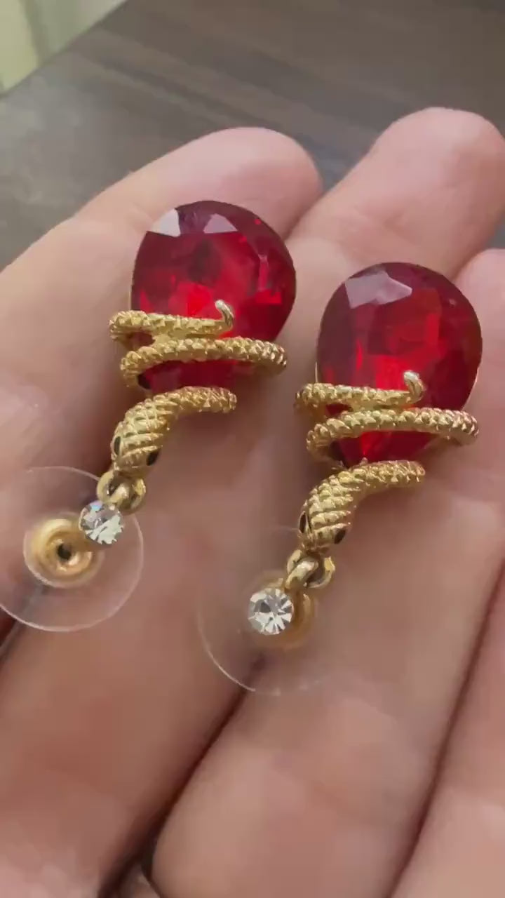 Vintage Red Rhinestone Snake Earrings, Gold Tone Serpent Drop Earrings, Statement Costume Jewellery, Pierced Earrings