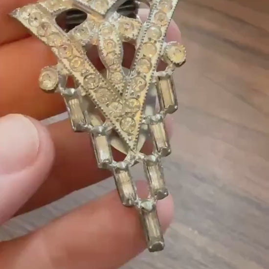 Vintage 1930s Art Deco Diamanté Dress Clip – Geometric Silver Tone Paste Statement Jewellery