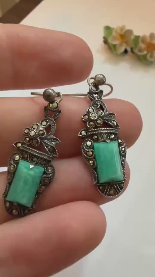 Vintage Art Deco Style Marcasite & Turquoise Glass Drop Earrings – Silver Tone