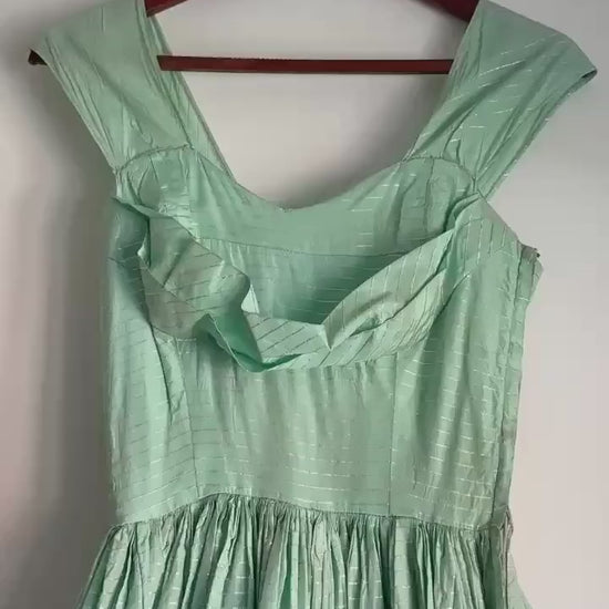 Vintage Robert Dorland for Bourne & Hollingsworth Evening Dress – Peppermint Green, Silver Stripes, Full Tiered Skirt