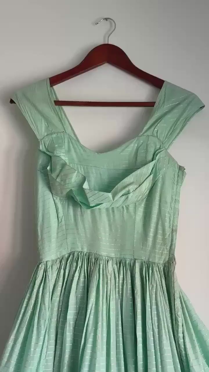 Vintage Robert Dorland for Bourne & Hollingsworth Evening Dress – Peppermint Green, Silver Stripes, Full Tiered Skirt
