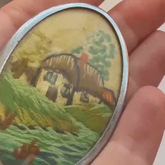 Vintage Hand Embroidered Cottage Brooch, Oval Textile Landscape Picture Pin, 1940s 1950s Needlework Jewellery
