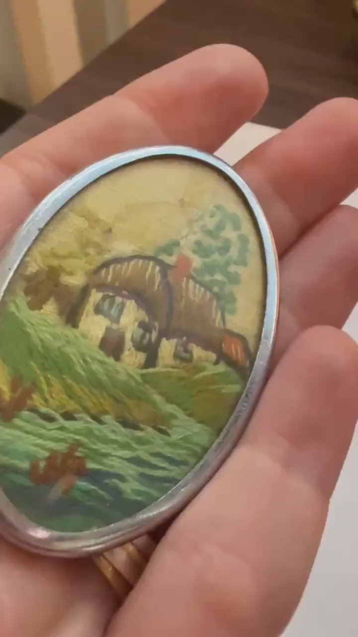 Vintage Hand Embroidered Cottage Brooch, Oval Textile Landscape Picture Pin, 1940s 1950s Needlework Jewellery