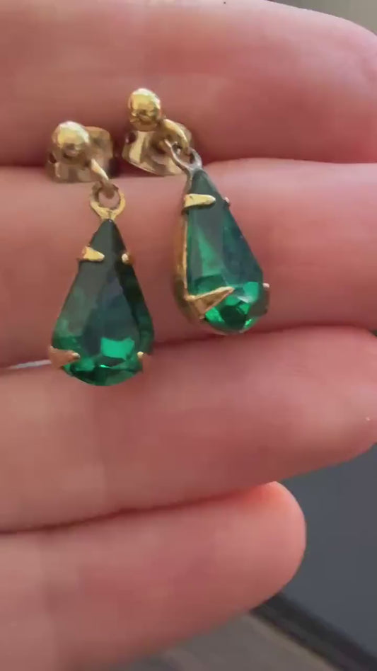 Vintage Green Teardrop Earrings, Emerald Green Drop Earrings, Gold Tone Costume Jewellery, Faceted Stone Earrings