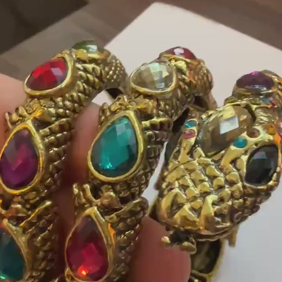 Vintage Gold Tone Dragon Coil Bracelet – Multicolour Crystal Serpent Wrap Bangle – Statement Costume Jewellery