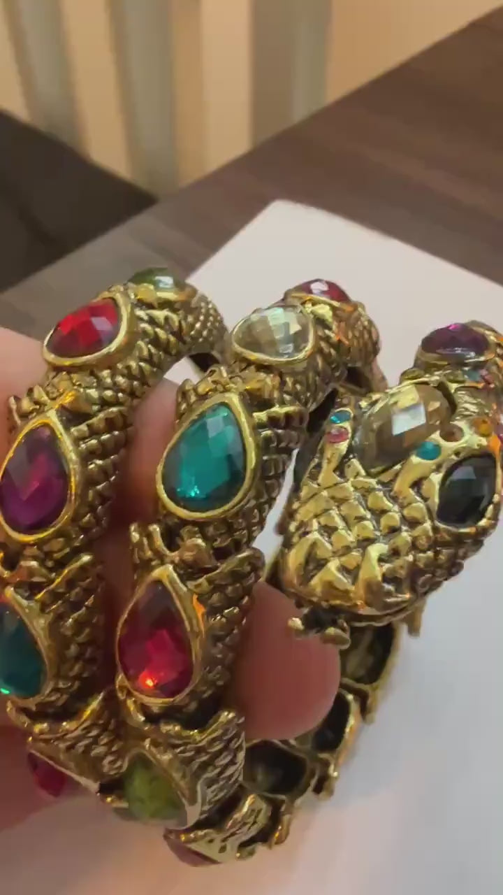 Vintage Gold Tone Dragon Coil Bracelet – Multicolour Crystal Serpent Wrap Bangle – Statement Costume Jewellery