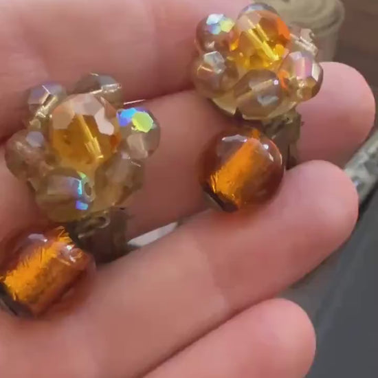 Vintage 1960s West Germany Amber Glass & Aurora Borealis Bead Clip-On Earrings – Dangle Cluster Earrings