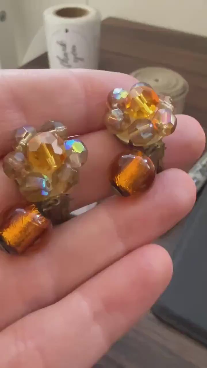 Vintage 1960s West Germany Amber Glass & Aurora Borealis Bead Clip-On Earrings – Dangle Cluster Earrings