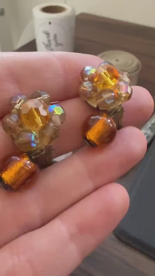 Vintage 1960s West Germany Amber Glass & Aurora Borealis Bead Clip-On Earrings – Dangle Cluster Earrings