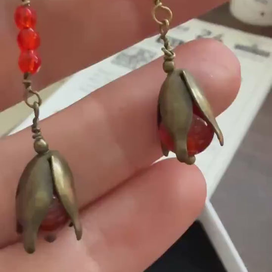 Vintage 1930s 1940s Red Bead Flower Drop Earrings – Brass Petal Dangles – Lever Back Earrings