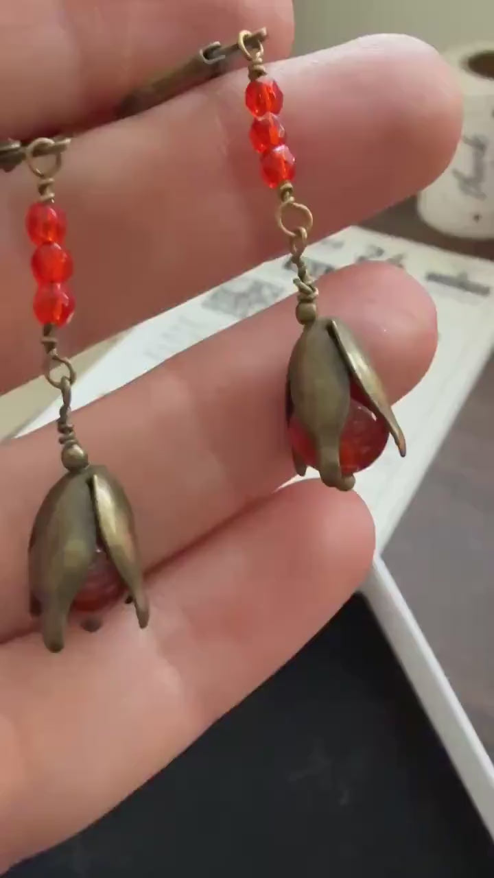 Vintage 1930s 1940s Red Bead Flower Drop Earrings – Brass Petal Dangles – Lever Back Earrings