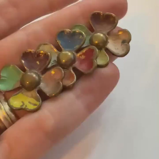 Vintage Enamel Triple Flower Brooch, Multicolour Heart Petal Floral Spray Pin, Distressed 1940s 1950s Jewellery