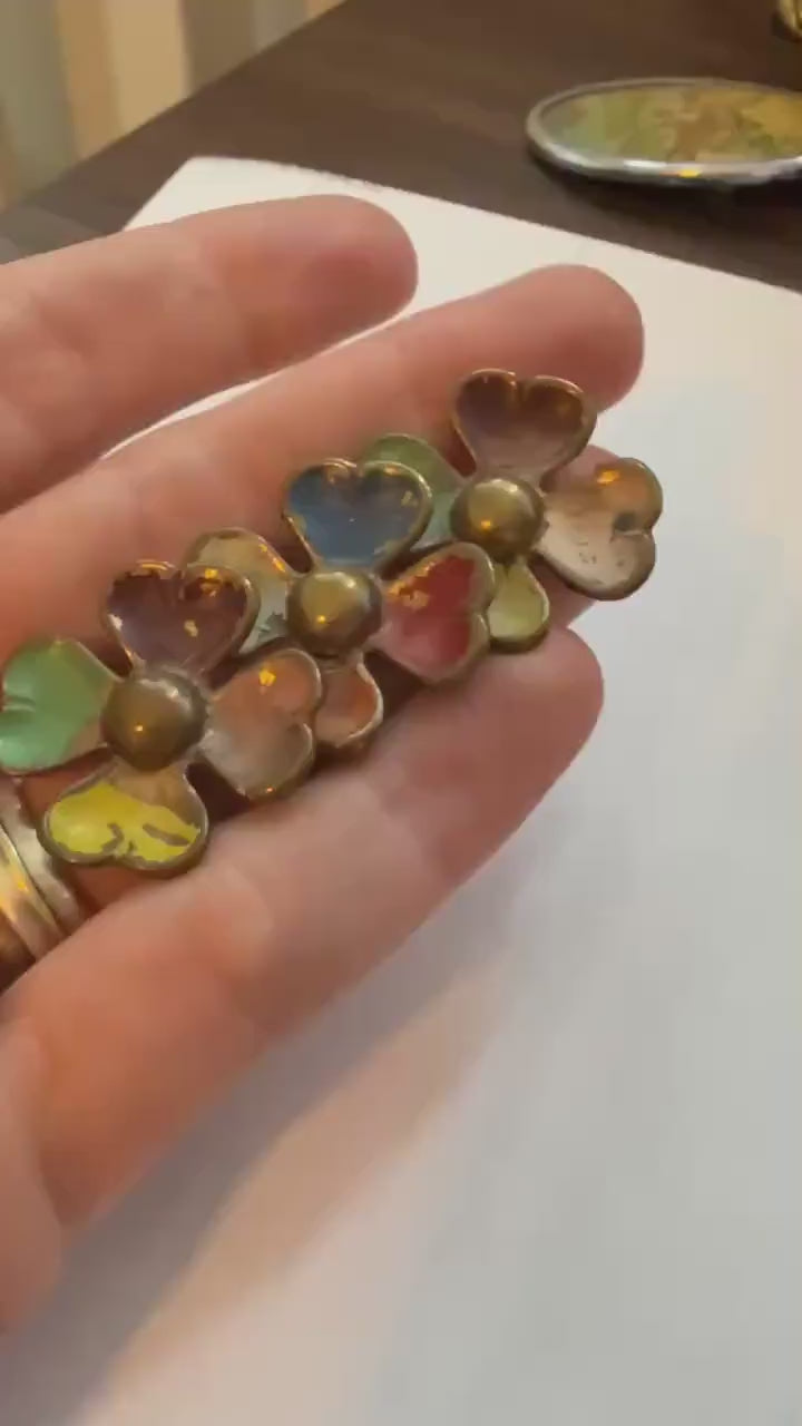Vintage Enamel Triple Flower Brooch, Multicolour Heart Petal Floral Spray Pin, Distressed 1940s 1950s Jewellery