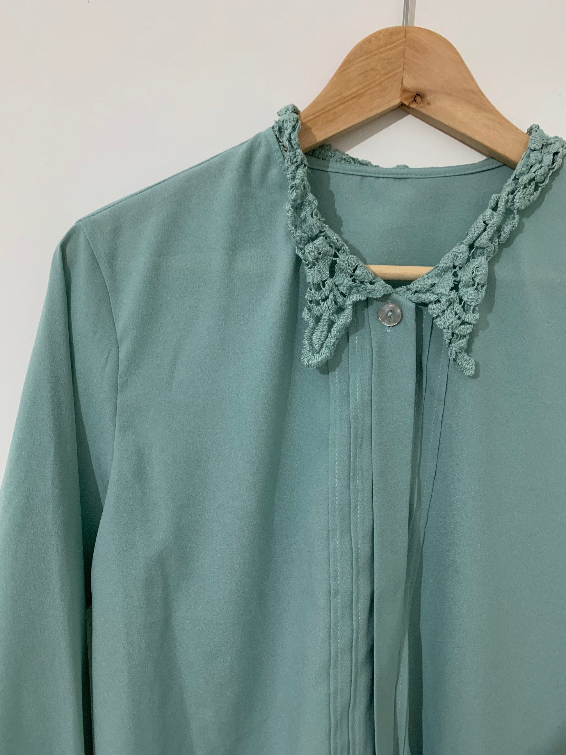 Vintage Green Blouse with Lace Collar Long Sleeves - Duck Egg Blue