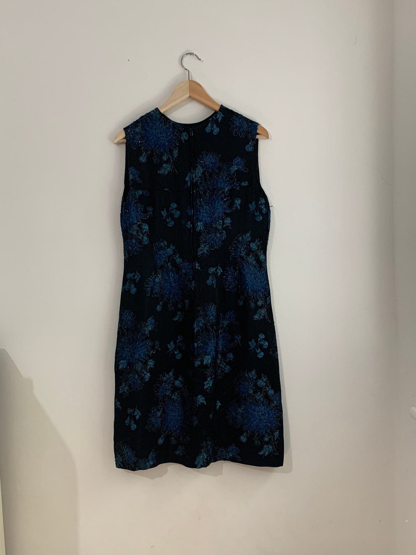 1960s vintage Dress Blue Black sparkle Brocade Floral Mini Dress - Sleeveless Handmade