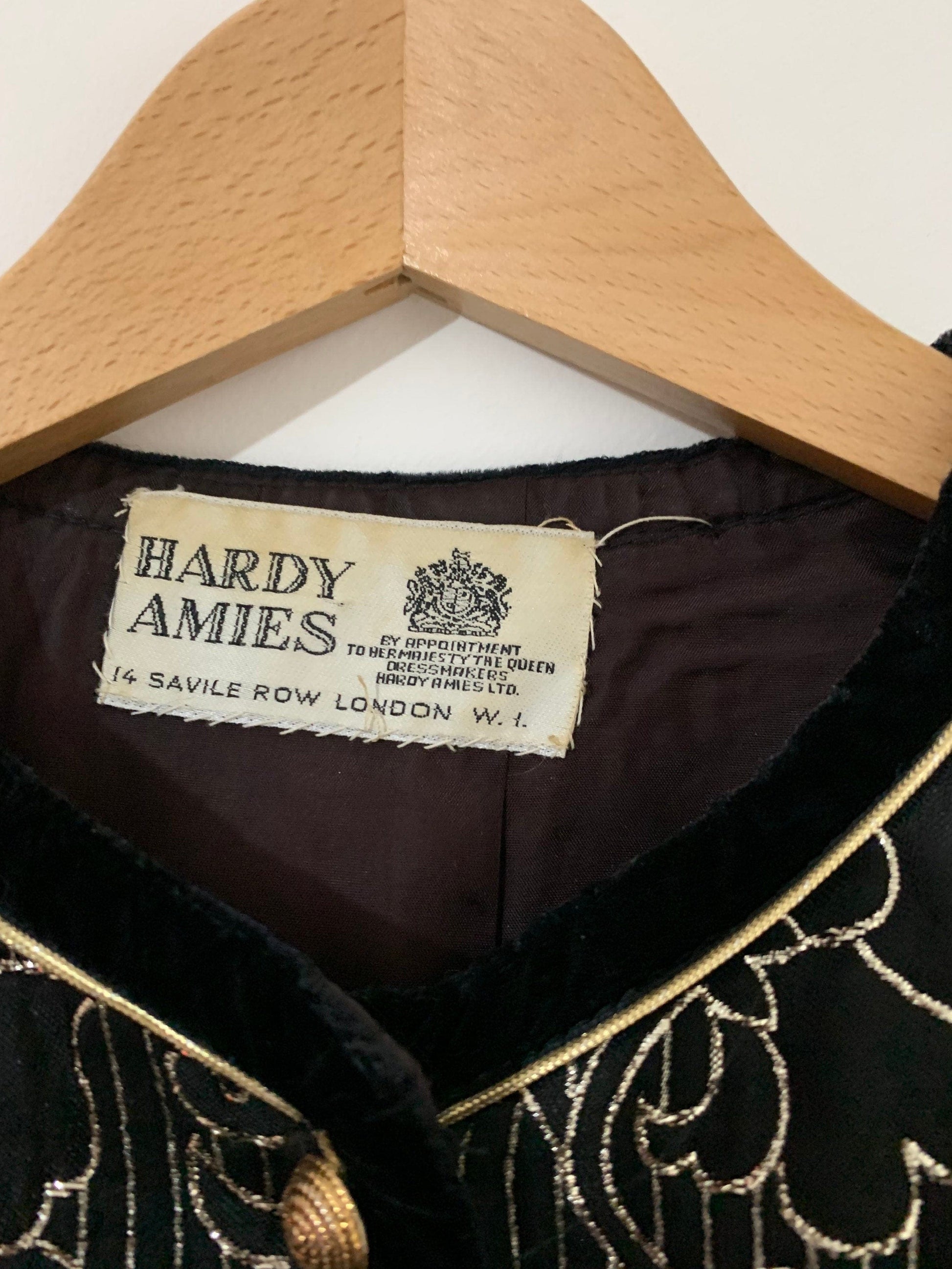 Vintage Hardy Amies Blazer Evening Jacket Floral Print - Velvet Trim Embroidery - gold Buttons and Silver thread embroidered flowers