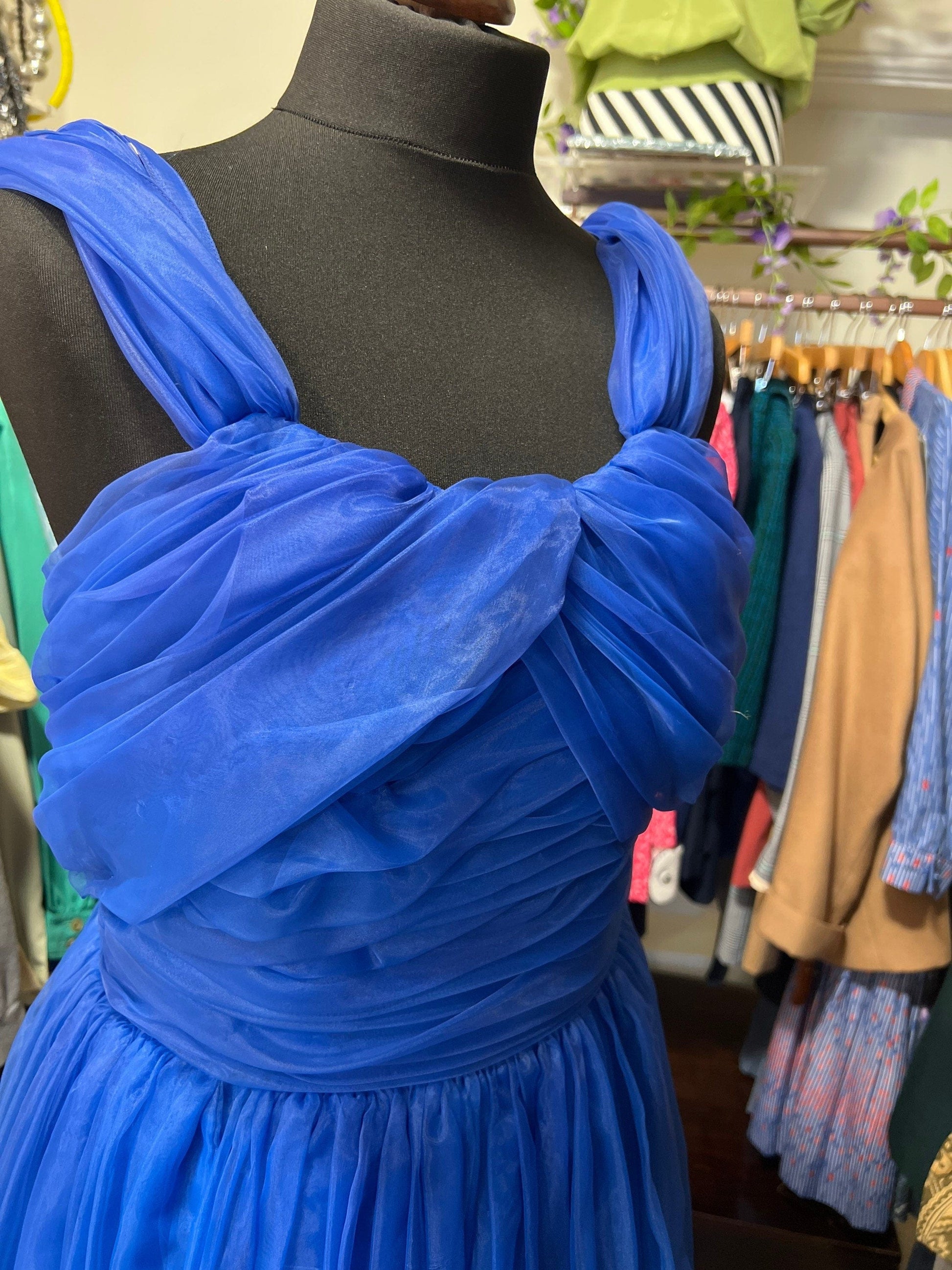 Vintage 1950s Blue Prom Dress Chiffon Overlayer Semi Sheer Skirt - Lots of volume