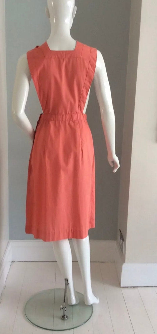 1950s Vintage Pinafore Dress Coral Pink Cotton Uniform - True Vintage
