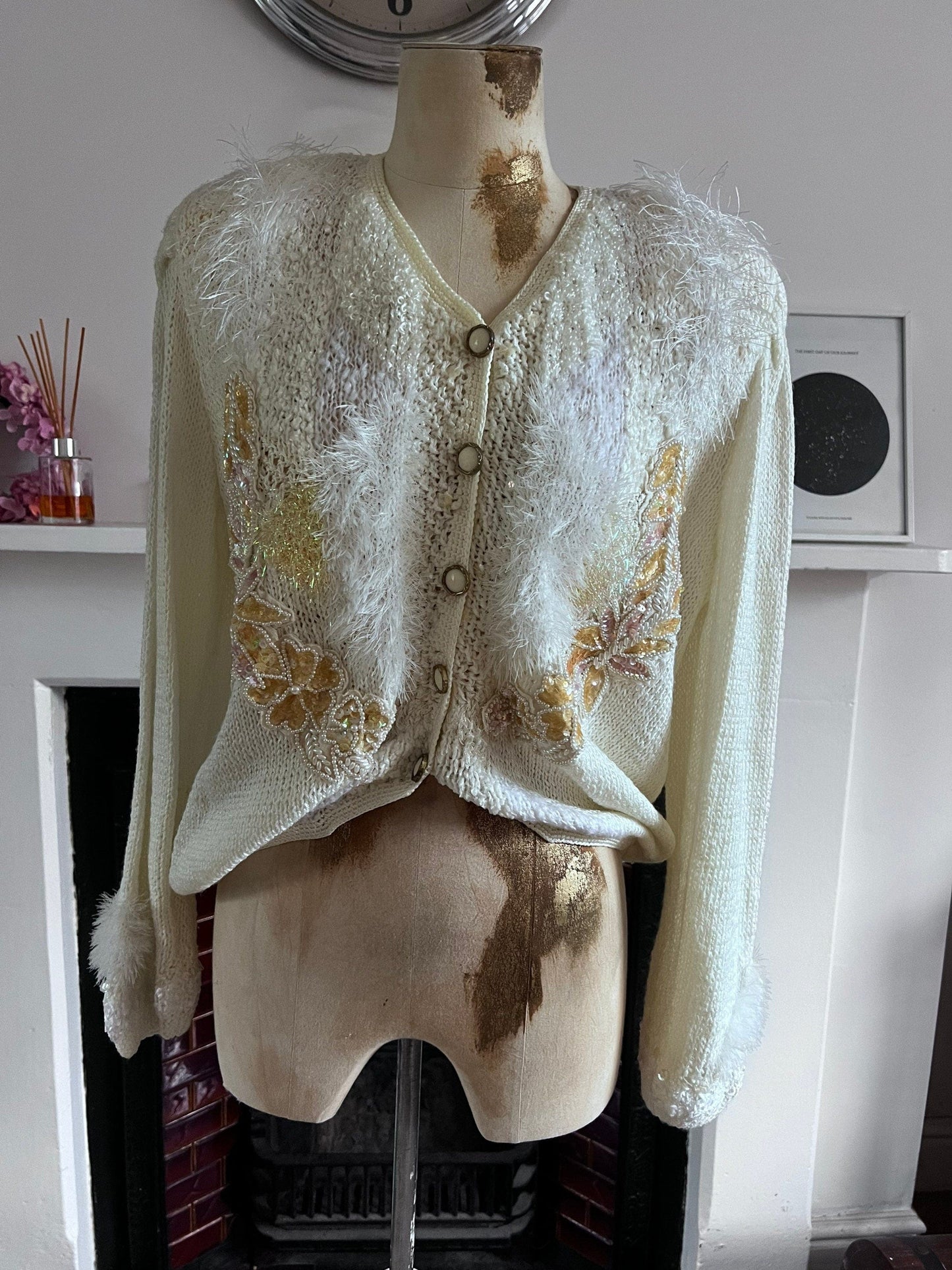 80s Cream Vintage cardigan with beading and mohair and chunky button detail UK12