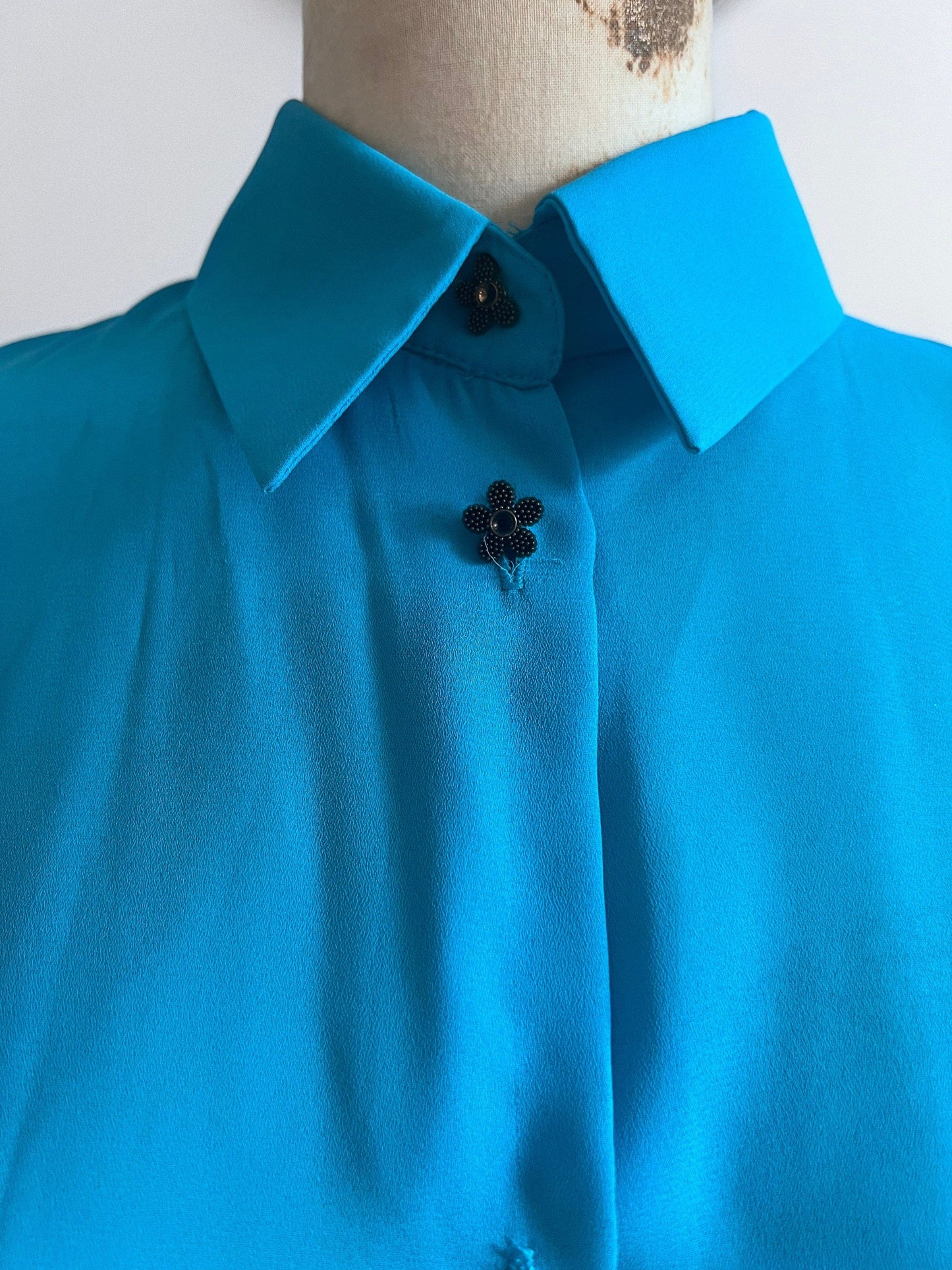 Vintage Turquoise Blouse - long sleeves flower button front high neck Semi Sheer Shirt - UKM