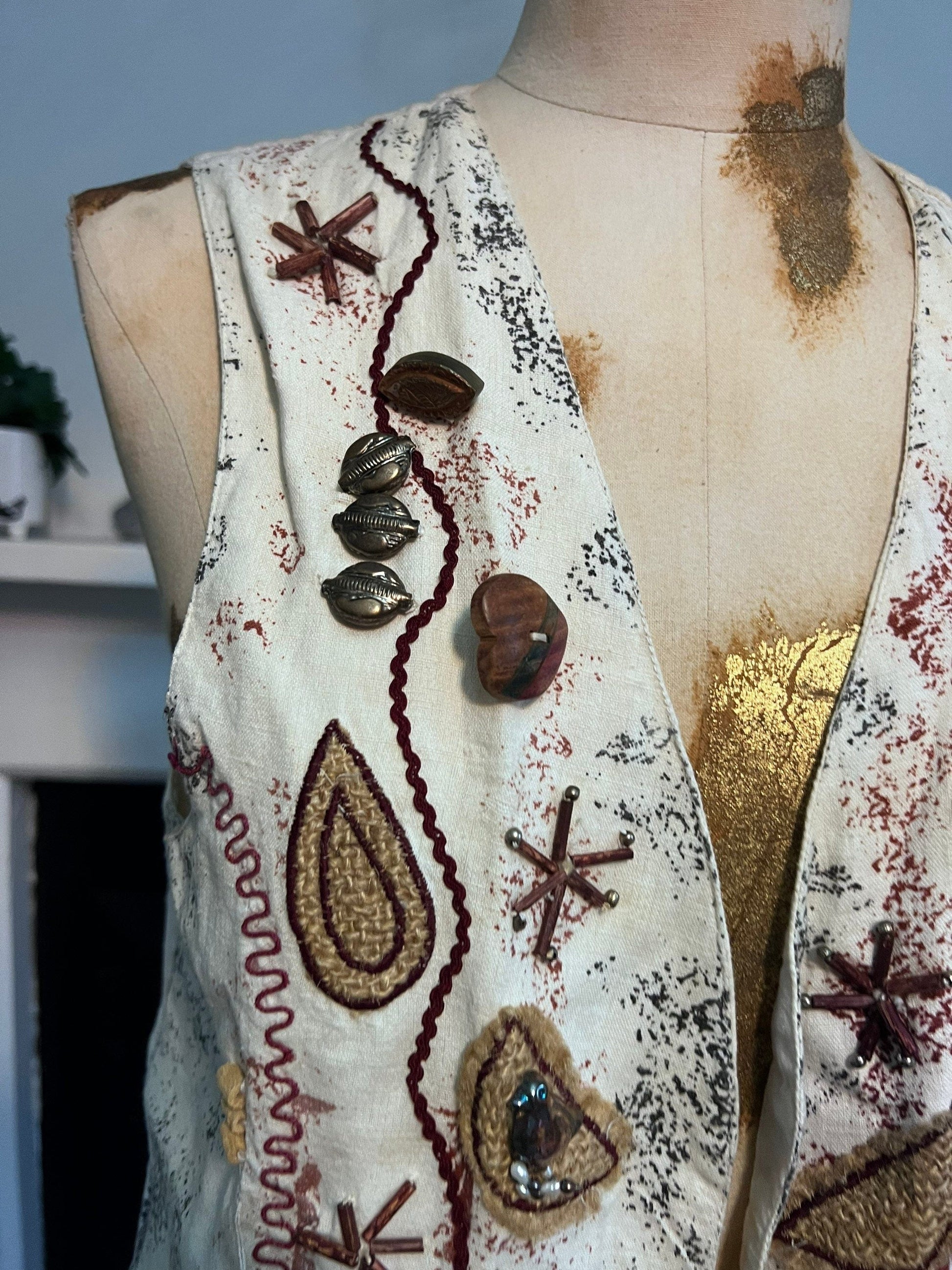 Vintage Linen Ladies Waistcoat Vest buttons and leaves UK Size 12-14 M-L by Cote a Cote Paris