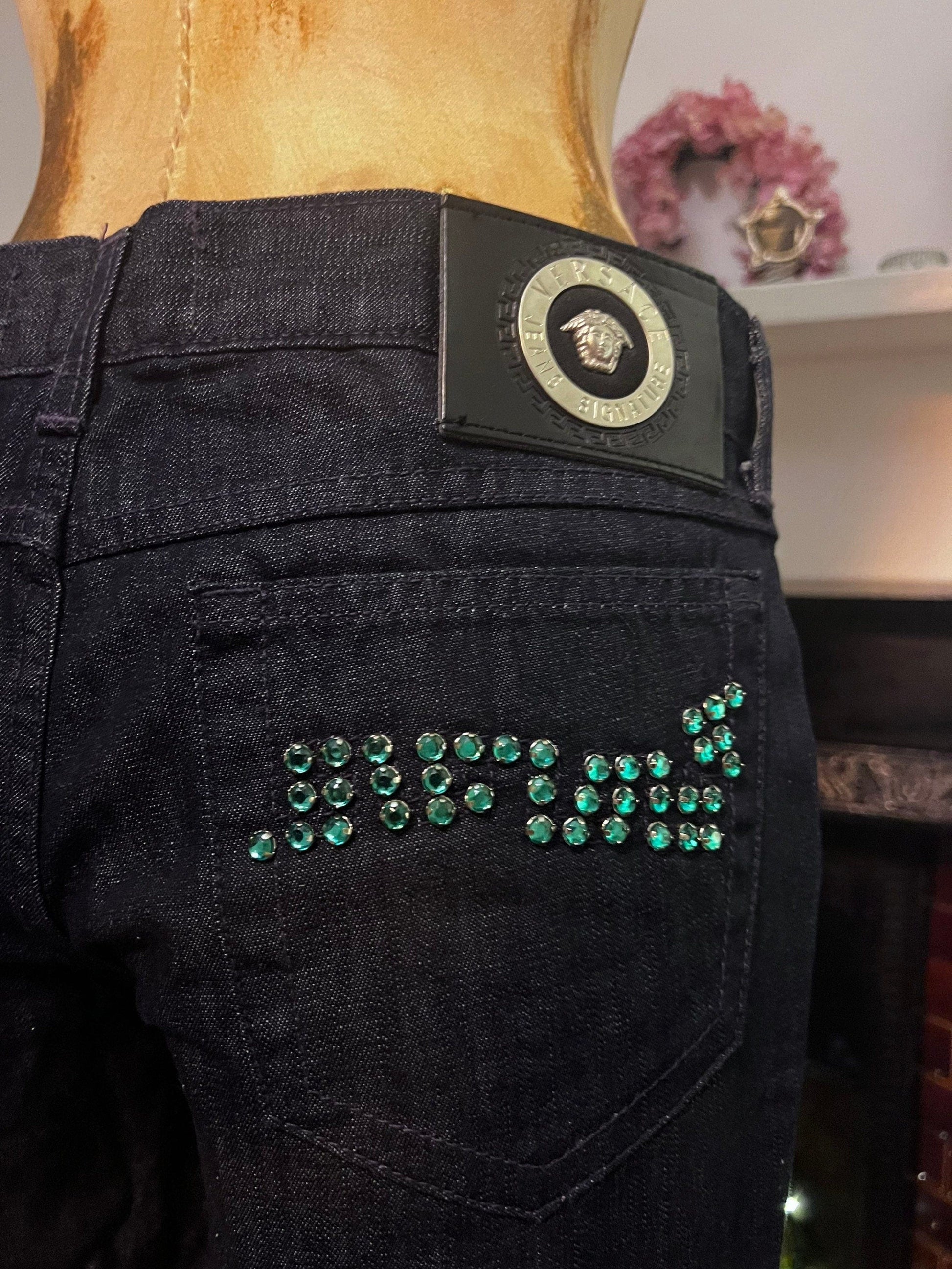 Vintage Versace Jeans Signature Couture Jeans in dark blue over-dye denim and turquoise green rhinestone to back pockets UK8-10 - Unworn