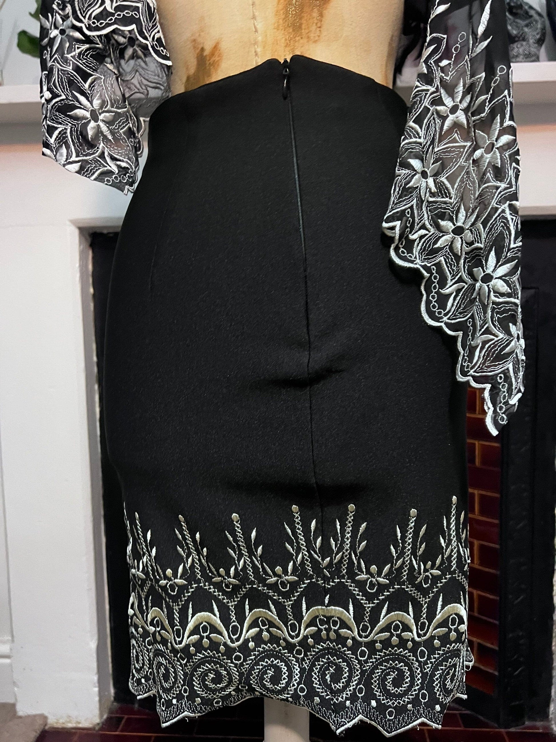 Vintage Suit two peice skirt and top black and white  - sheer waistcoat and skirt floral design with embroidered overlay waistcoat UK12