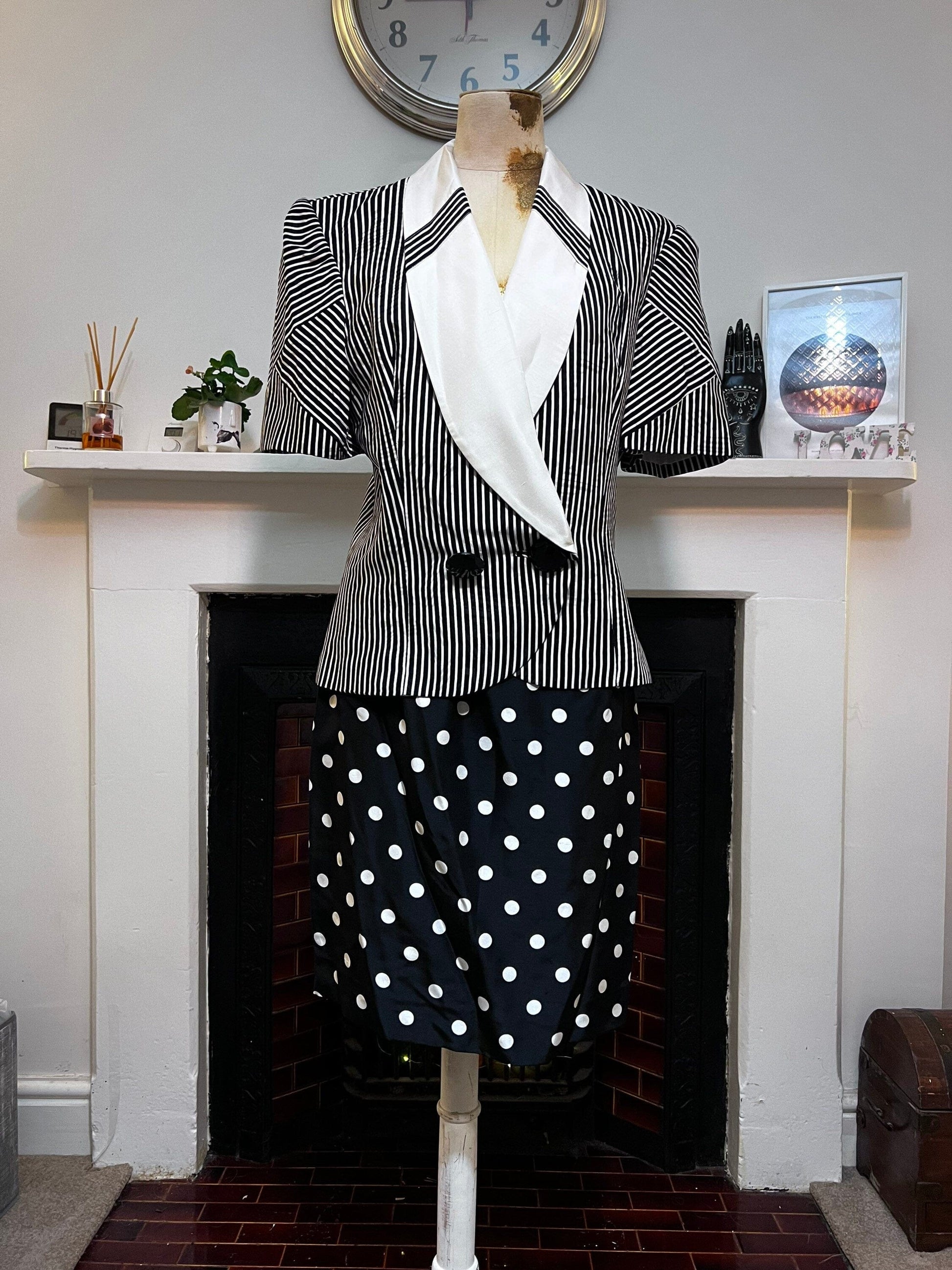 Vintage Suit 80s Ladies Silk Skirt Suit Polka Dot Skirt and Double Breasted Stripe Jacket Statement Buttons 1980s Raul Blanco New York