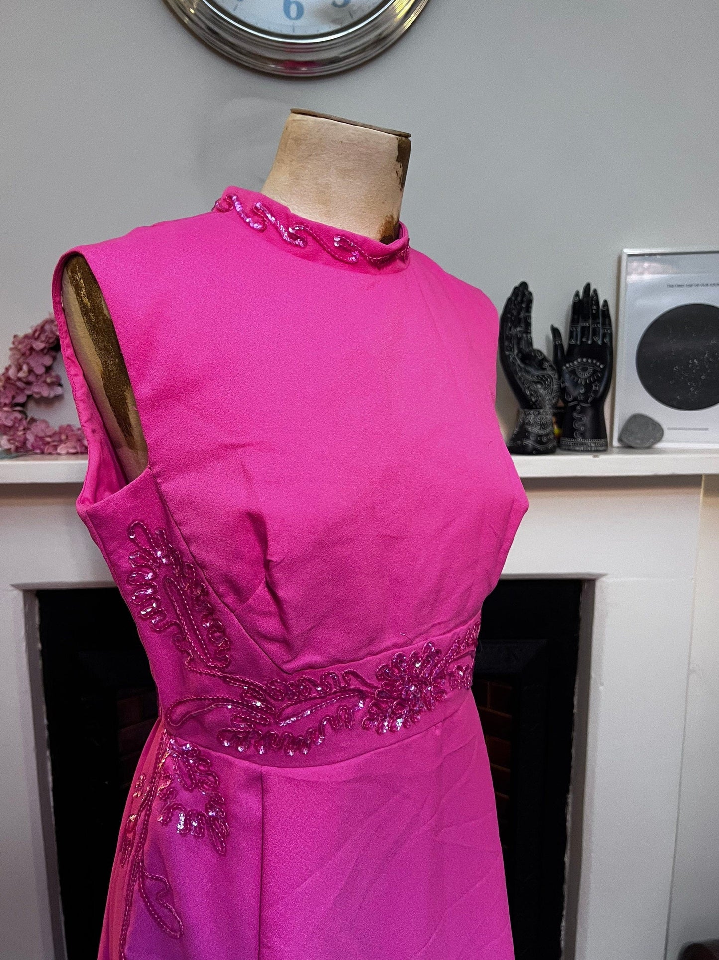 1970s Vintage Pink Prom Dress  by Mike Benet - Pink Polyester with Purple Sequins A Line