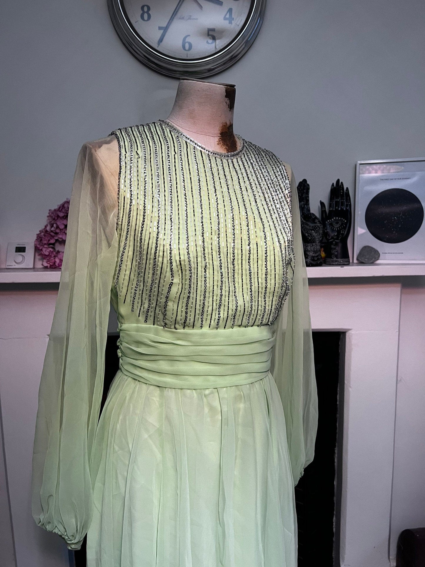 Vintage Chiffon Maxi Lime Green - Beaded Chiffon Dress - Deadstock 1970s Jack Bryan