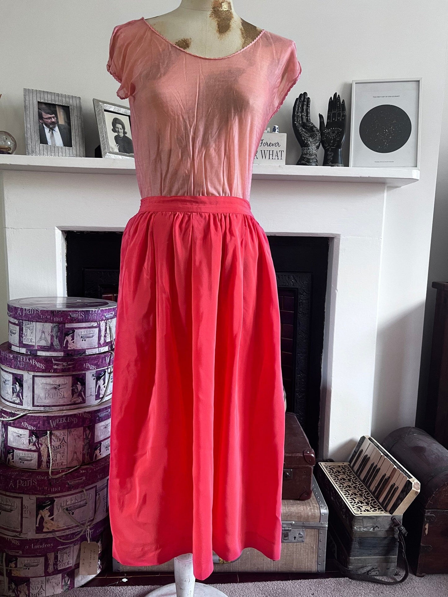 Vintage Midi Length Coral Silk Skirt UK 12/14 fabulous sheer silk midi length silk skirt, peach bright coral silk