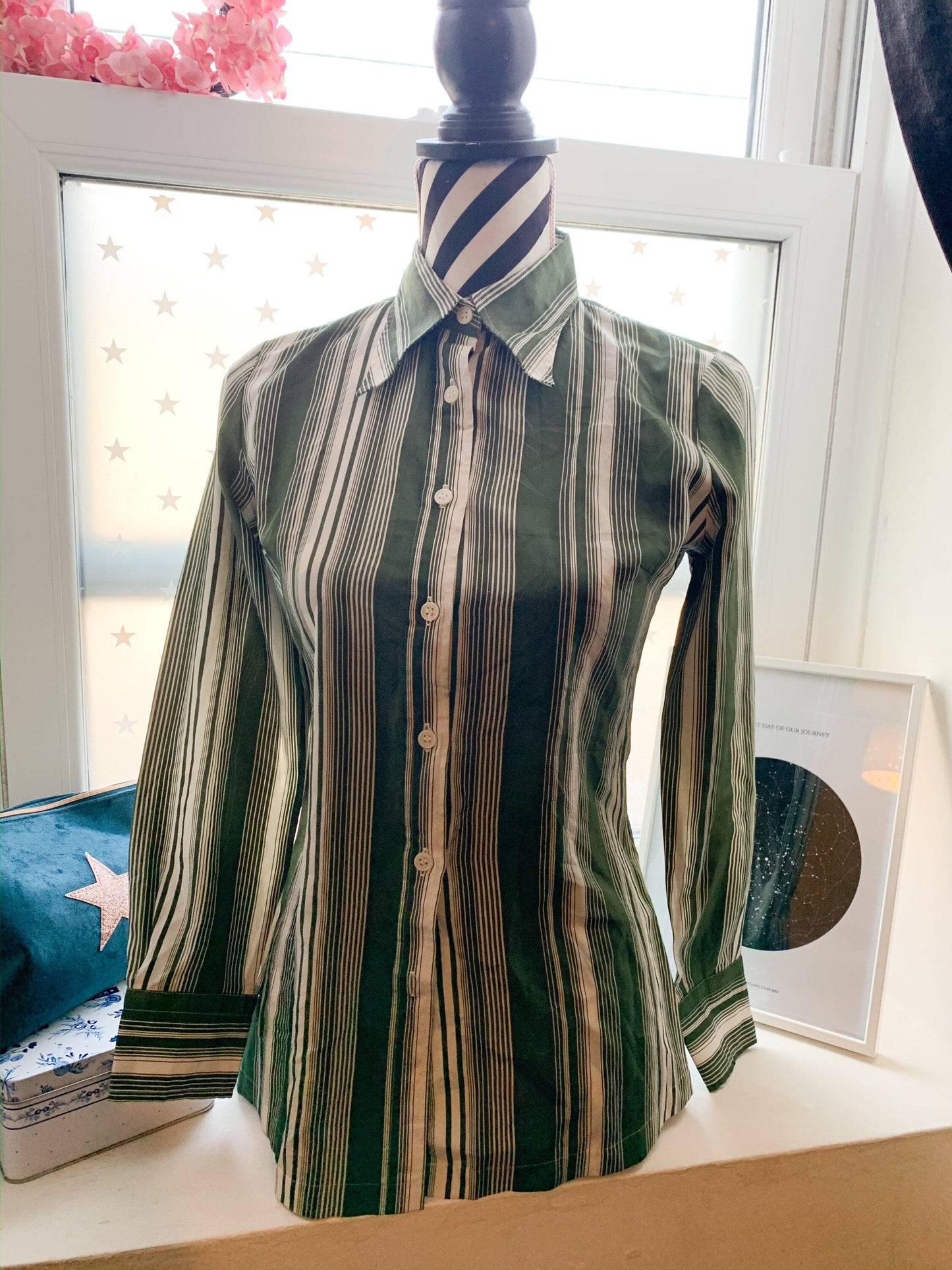 1970’s Japanese Vintage green white stripe pattern blouse western shirt dagger collars